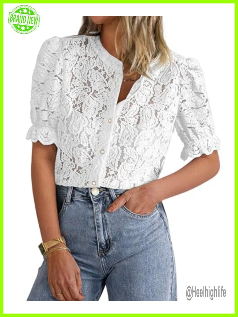 Womens Lace Eyelet Button Down Blouse Puff Sleeve Crew Neck Top